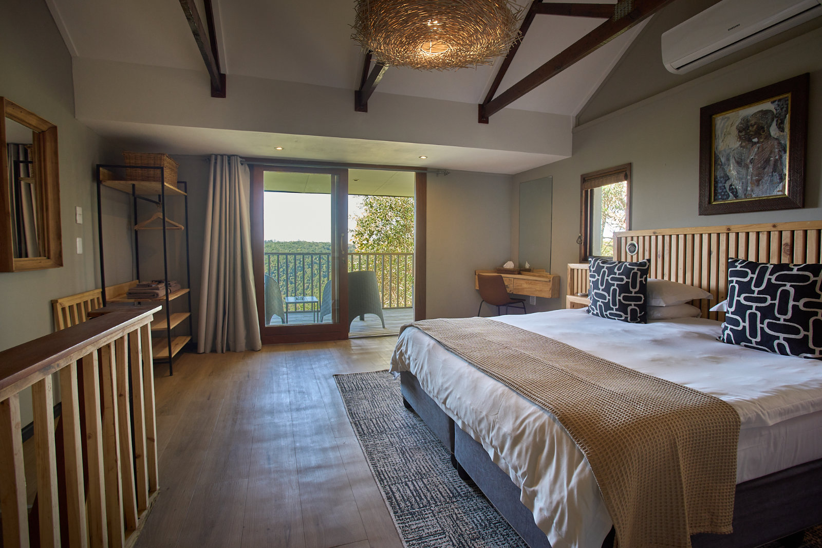 Firelight inside a suite at golden hour